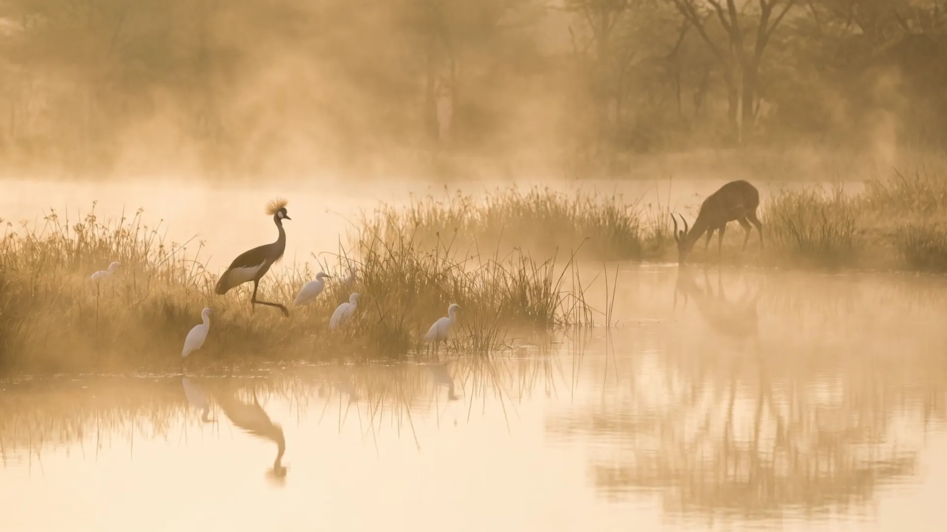 Crowned cranes and egrets at a misty lake at dawn, Mukima