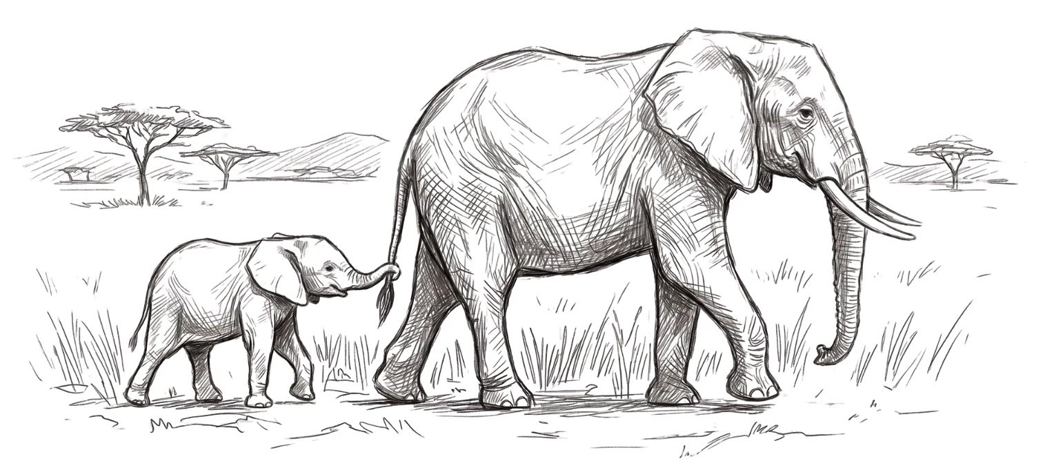 Hand-drawn illustration of a mother elephant and her calf in the savannah